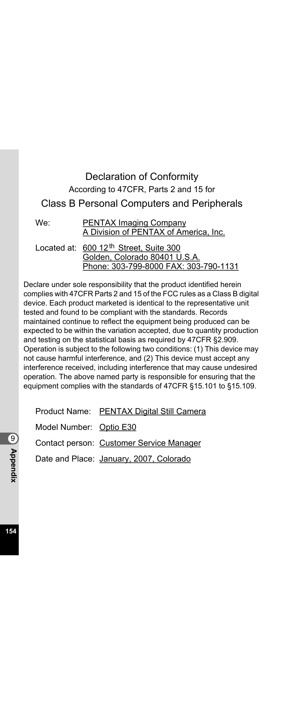 Declaration of conformity, Class b personal computers and peripherals | Pentax Optio E30 User Manual | Page 156 / 161