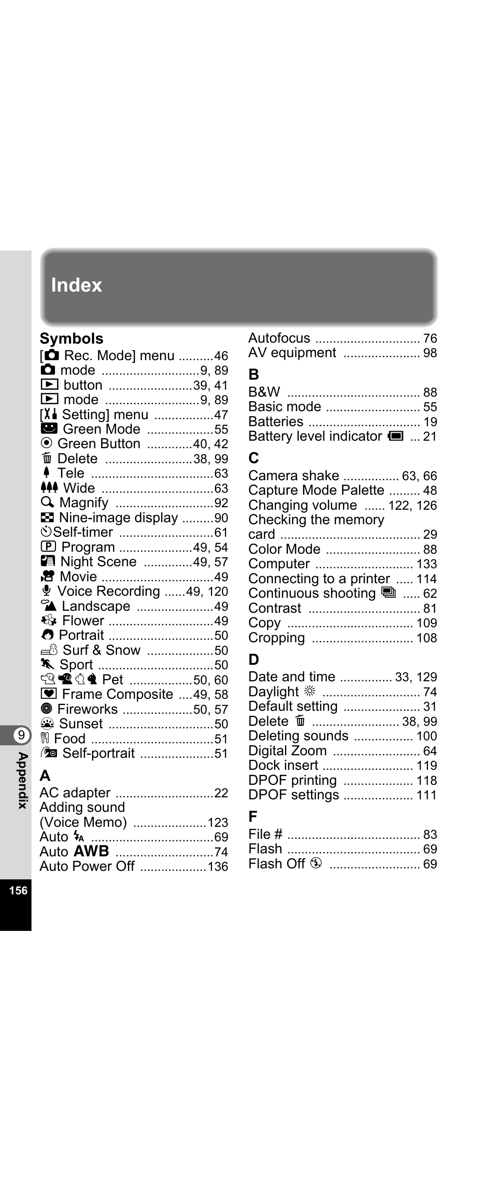 Index, Symbols | Pentax Optio E30 User Manual | Page 158 / 161