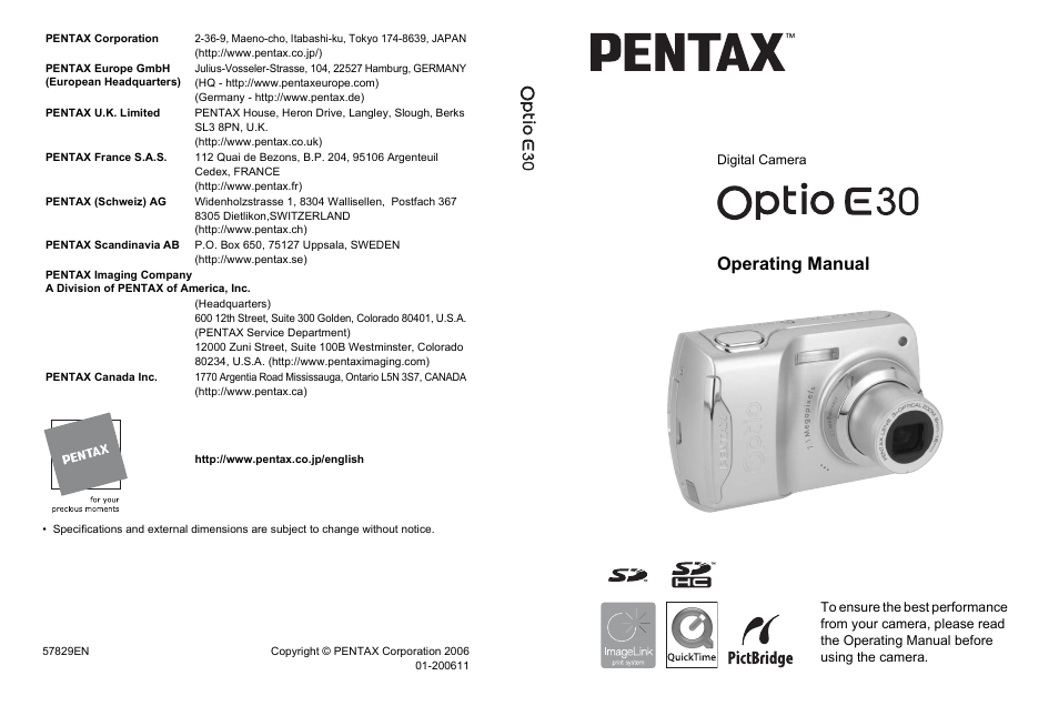 Operating manual | Pentax Optio E30 User Manual | Page 161 / 161