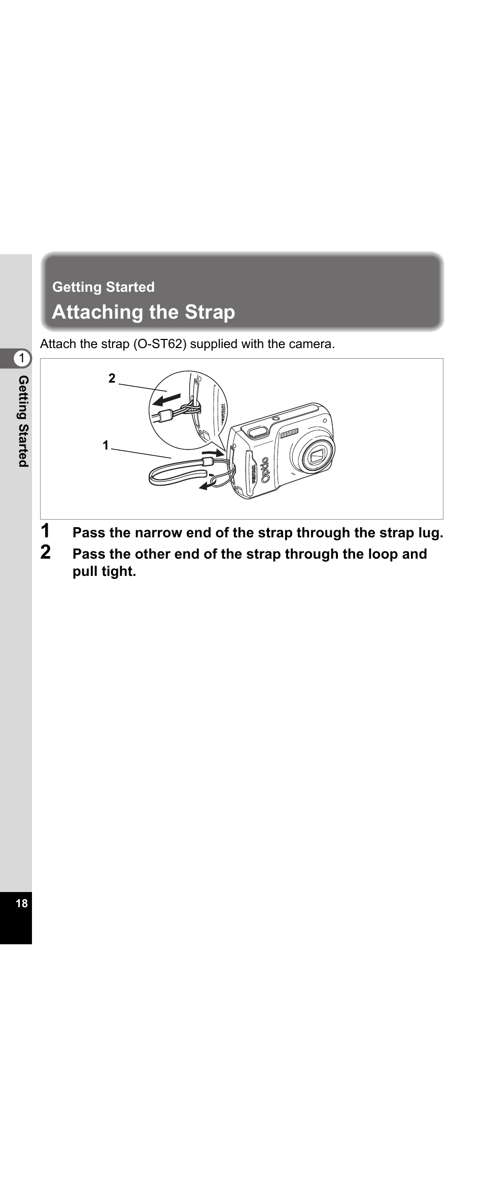 Getting started, Attaching the strap | Pentax Optio E30 User Manual | Page 20 / 161