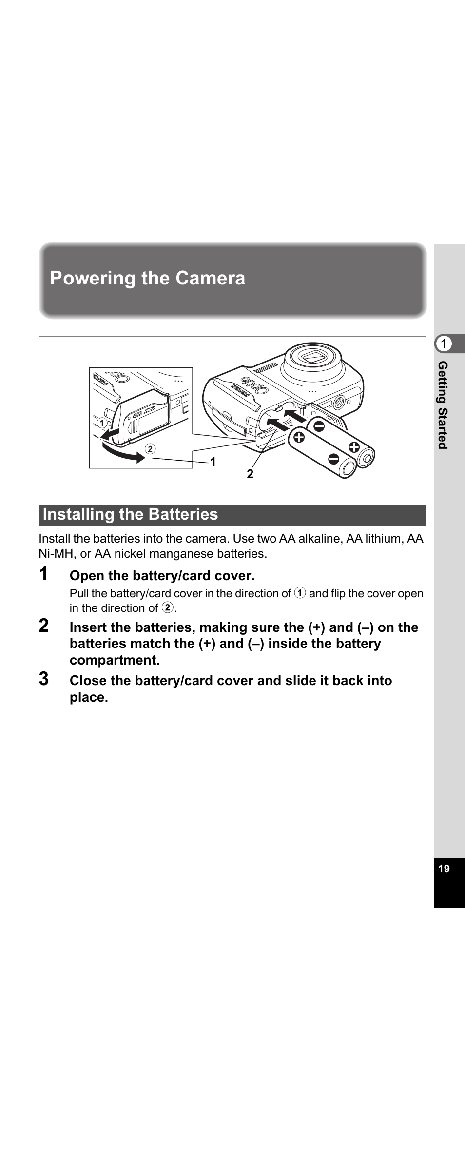 Powering the camera, Installing the batteries | Pentax Optio E30 User Manual | Page 21 / 161