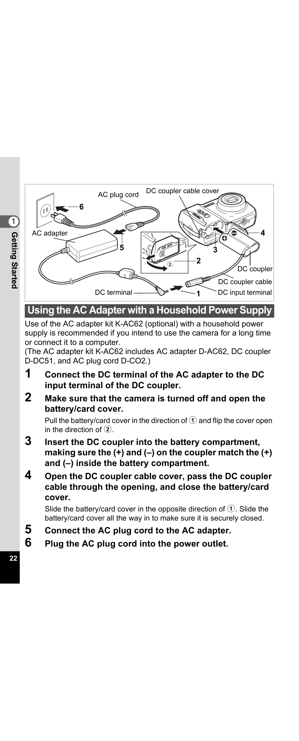 Using the ac adapter with a household power supply | Pentax Optio E30 User Manual | Page 24 / 161