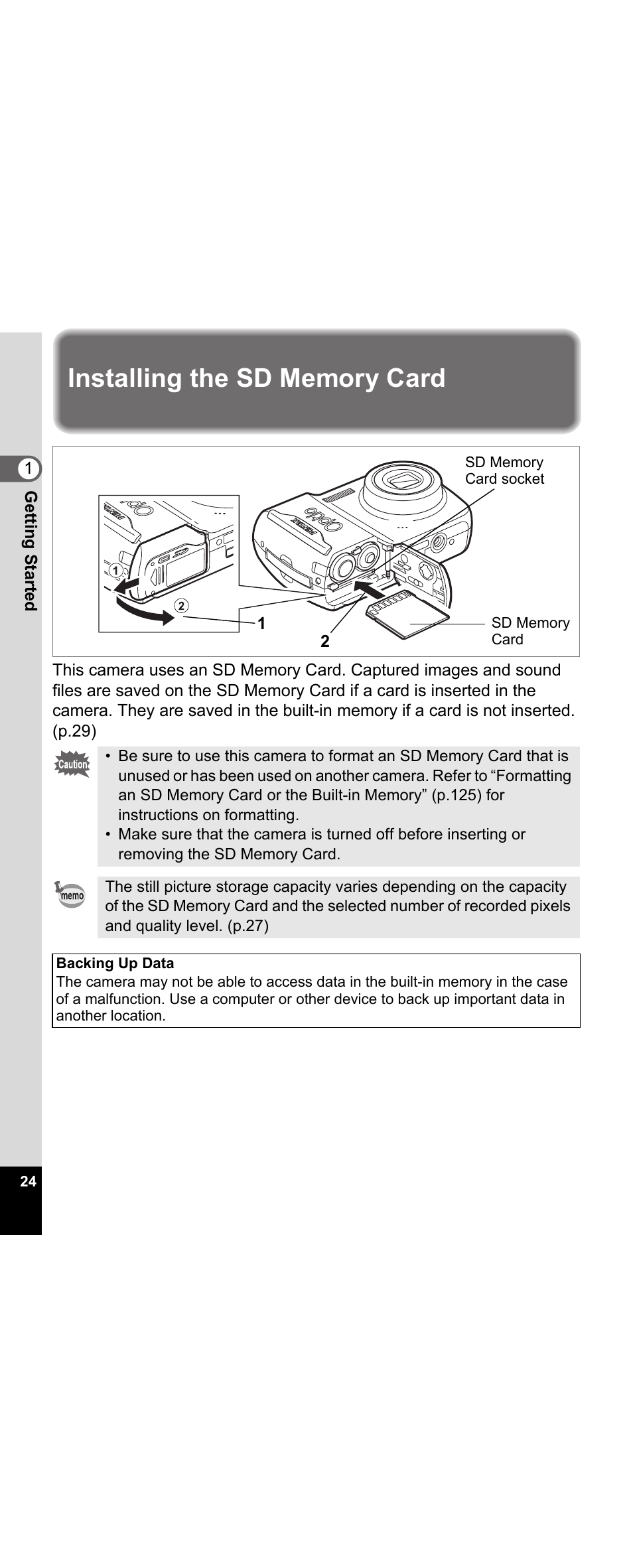 Installing the sd memory card | Pentax Optio E30 User Manual | Page 26 / 161