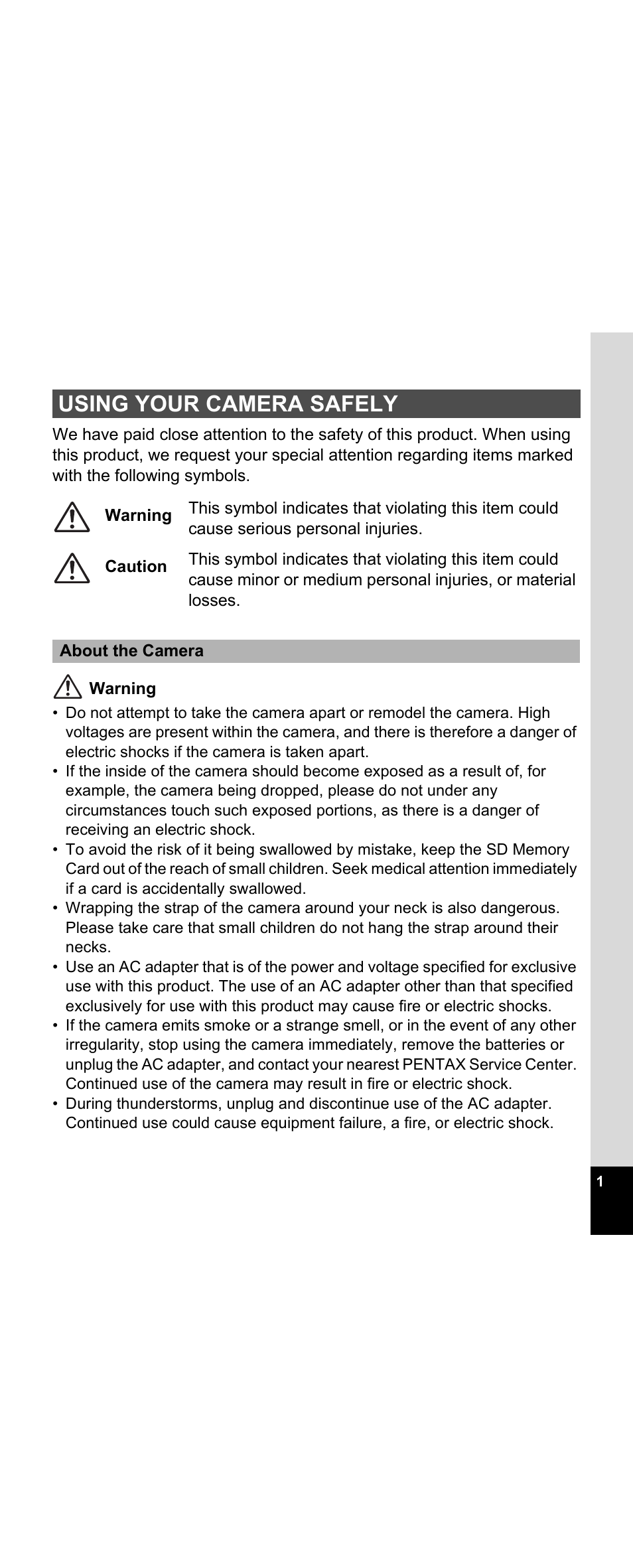 Using your camera safely | Pentax Optio E30 User Manual | Page 3 / 161