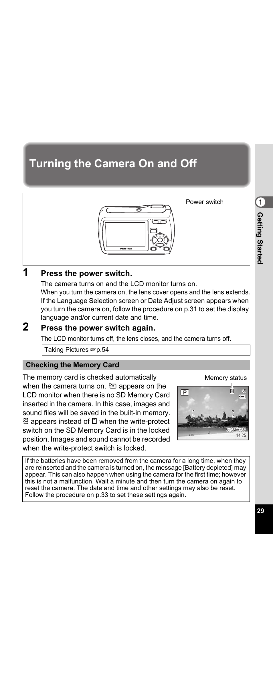 Turning the camera on and off, P.29), Turning the camera on and off 1 | Press the power switch, Press the power switch again | Pentax Optio E30 User Manual | Page 31 / 161