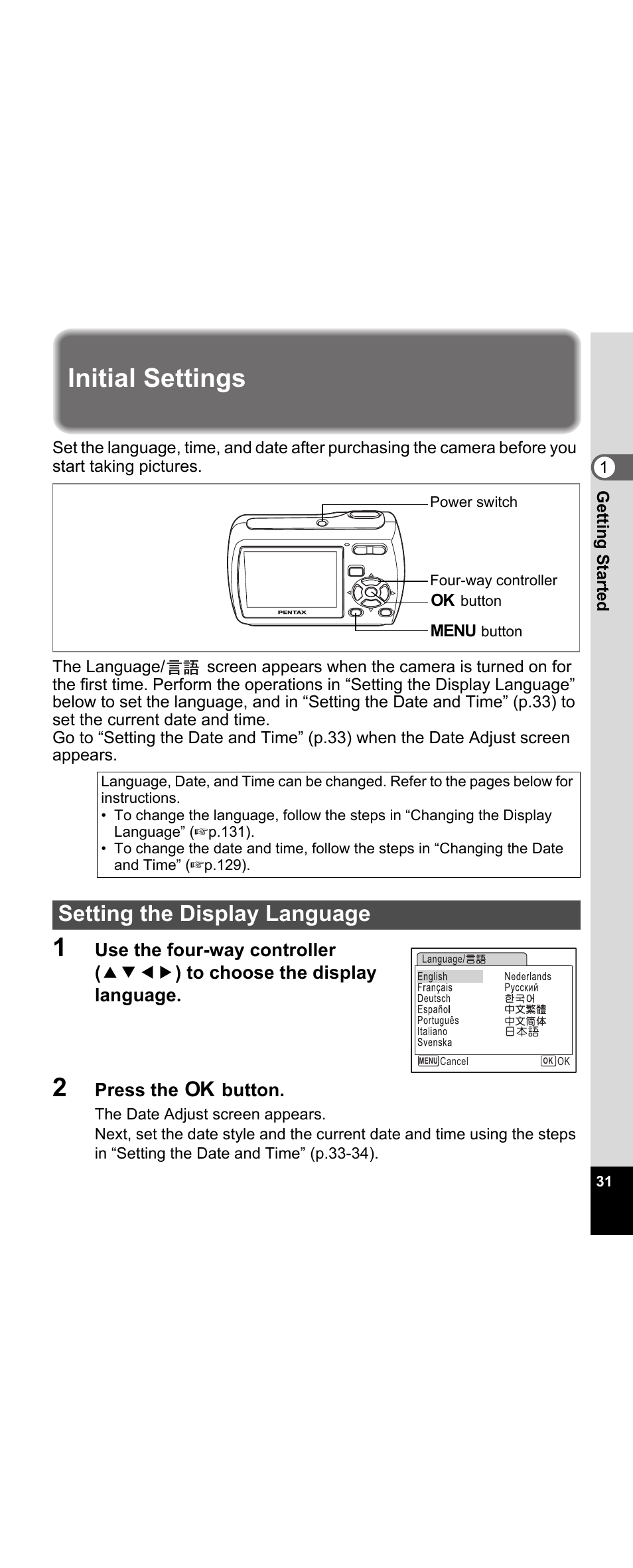 Initial settings, Setting the display language | Pentax Optio E30 User Manual | Page 33 / 161