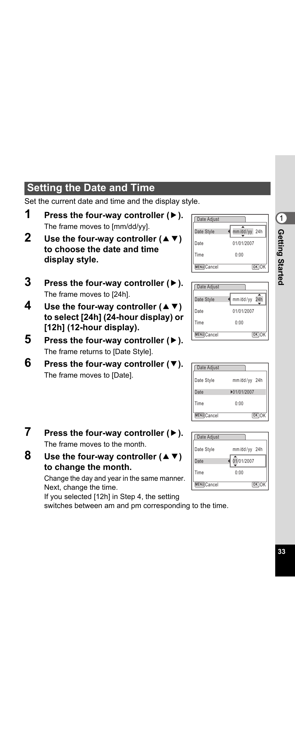 Setting the date and time, P.33, P.33) | Setting the date and time” (p.33) to, Setting the date and time” (p.33) when, Setting the date and time” (p.33-34), Press the four-way controller ( 5 ), Press the four-way controller ( 3 ) | Pentax Optio E30 User Manual | Page 35 / 161