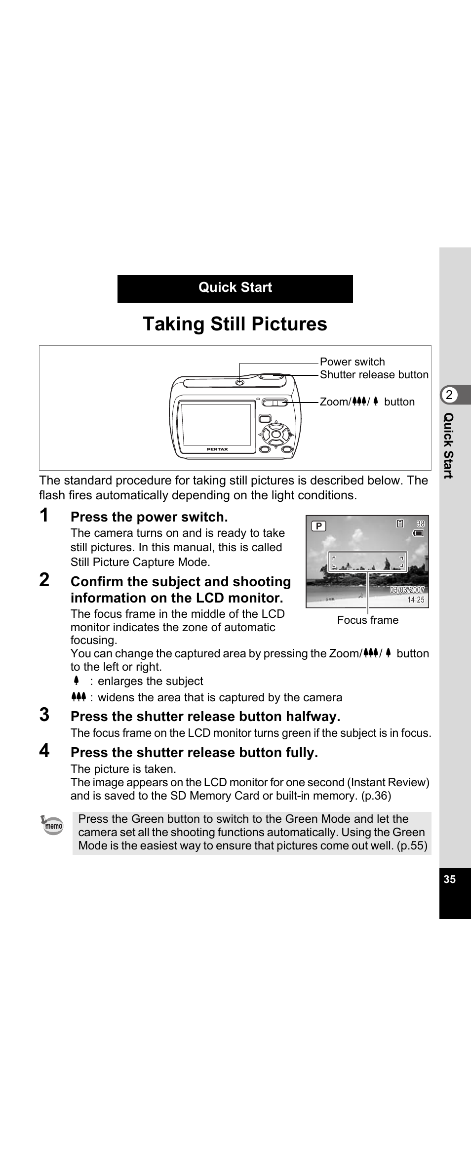 Quick start, Taking still pictures, P.35) | Pentax Optio E30 User Manual | Page 37 / 161