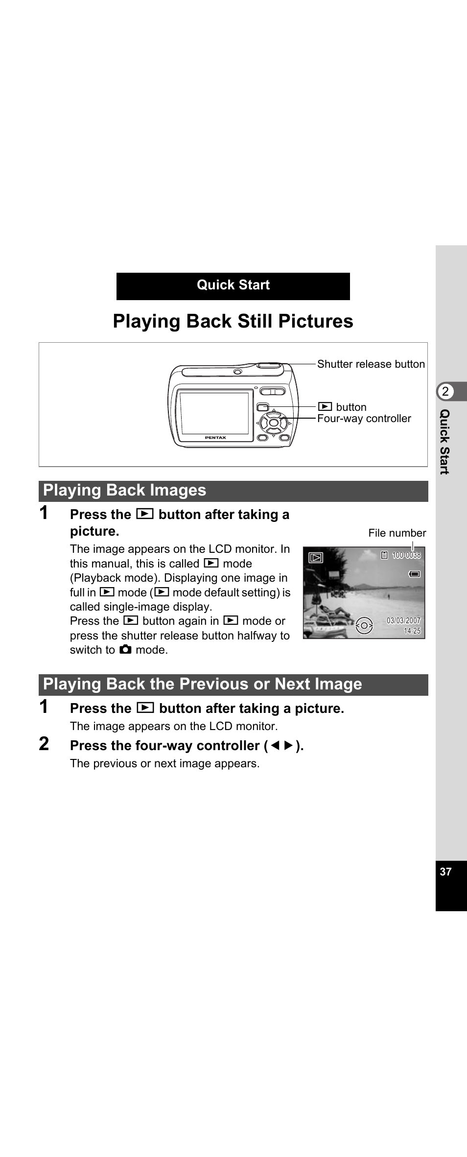 Playing back still pictures, Playing back still pictures 1 | Pentax Optio E30 User Manual | Page 39 / 161