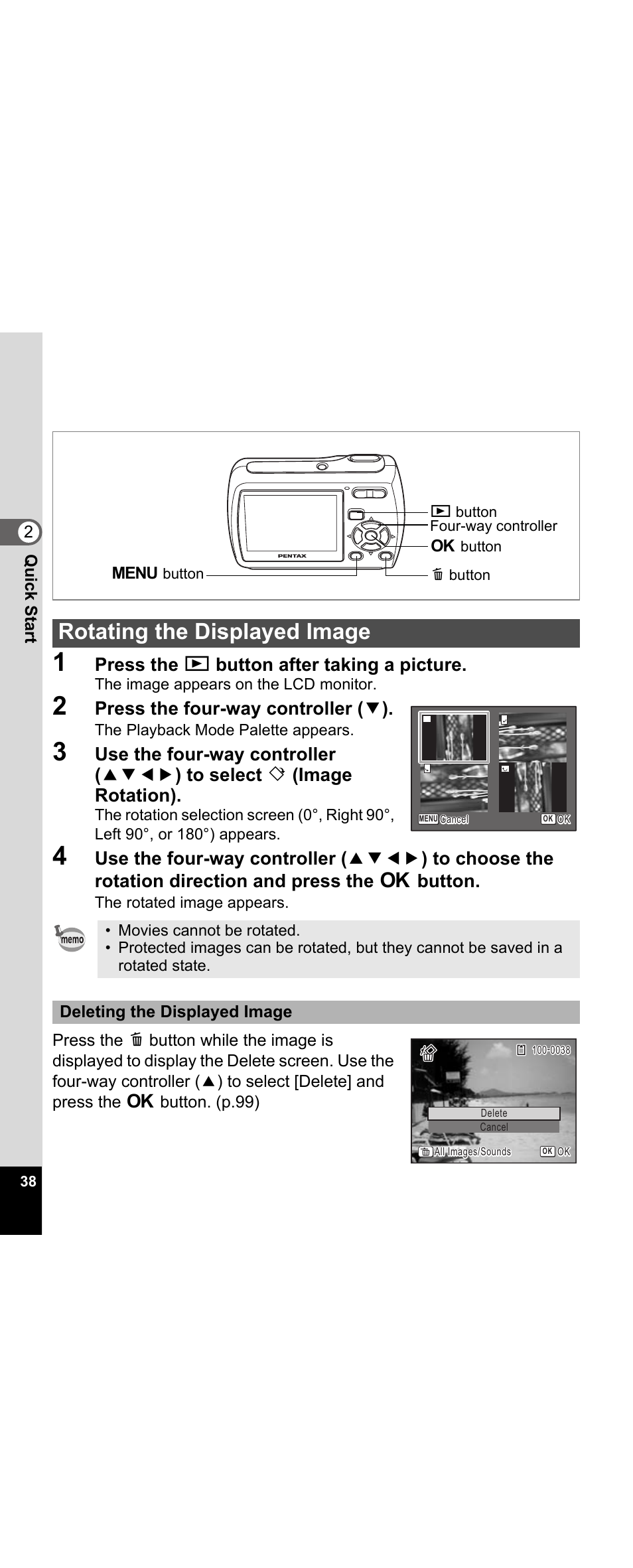 Rotating the displayed image, Press the q button after taking a picture, Press the four-way controller ( 3 ) | Pentax Optio E30 User Manual | Page 40 / 161