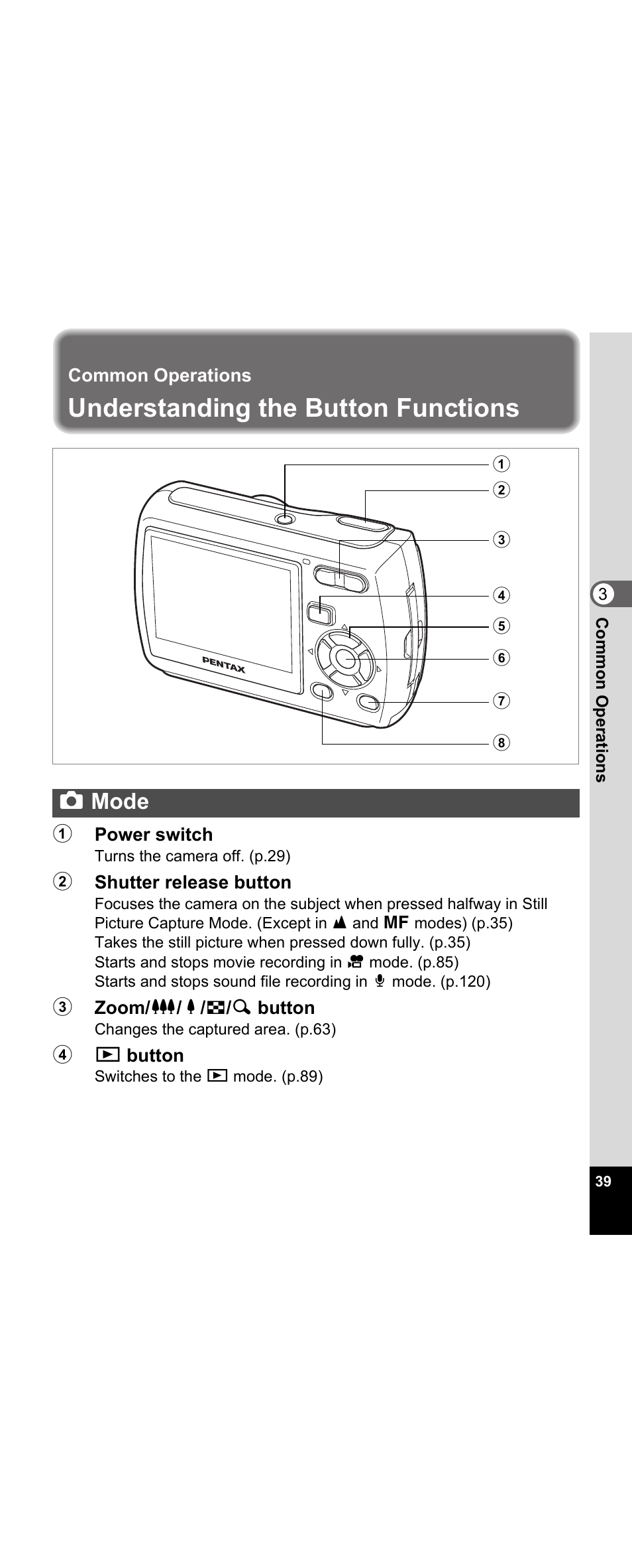 Common operations, Understanding the button functions, Amode | Pentax Optio E30 User Manual | Page 41 / 161