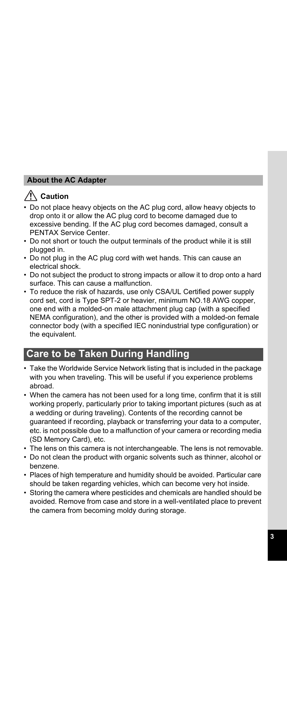 Care to be taken during handling | Pentax Optio E30 User Manual | Page 5 / 161