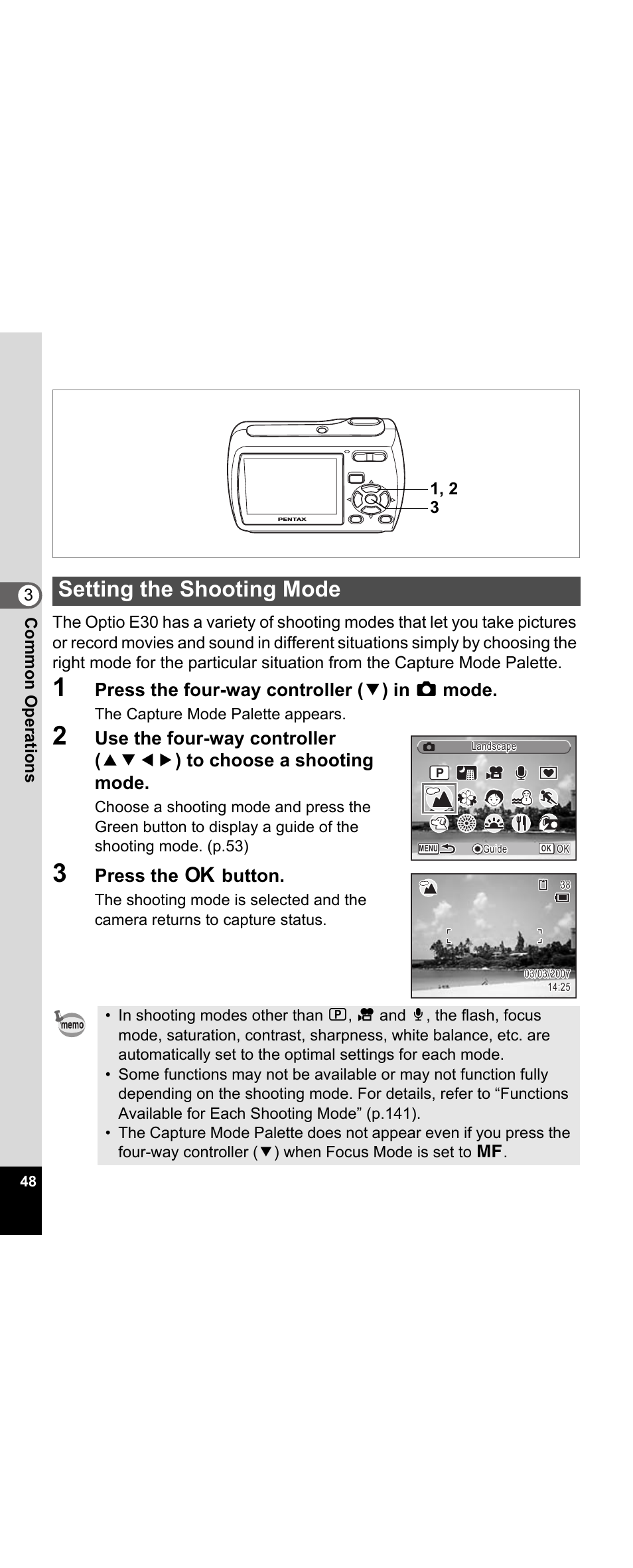 Setting the shooting mode, P.48), De (p.48) | P.48, Press the four-way controller ( 3 ) in a mode, Press the 4 button | Pentax Optio E30 User Manual | Page 50 / 161