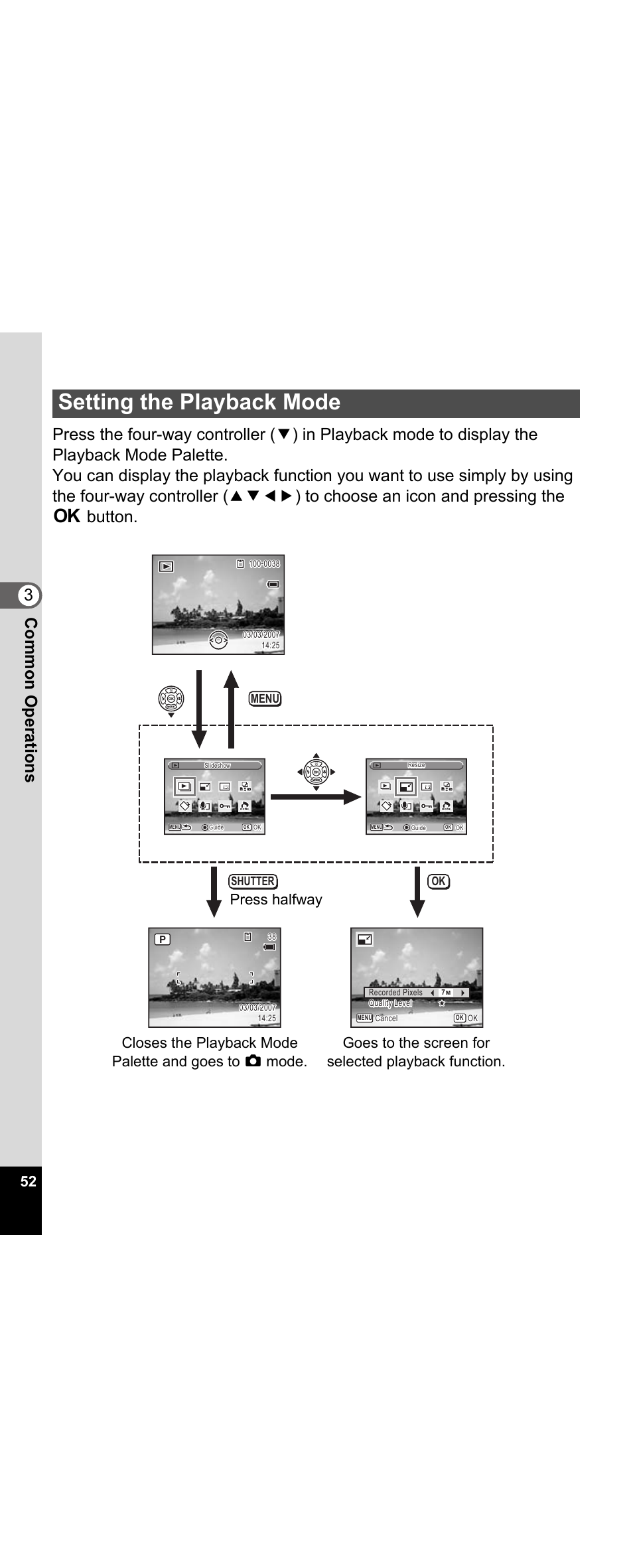 Setting the playback mode, De (p.52), P.52) | Pentax Optio E30 User Manual | Page 54 / 161