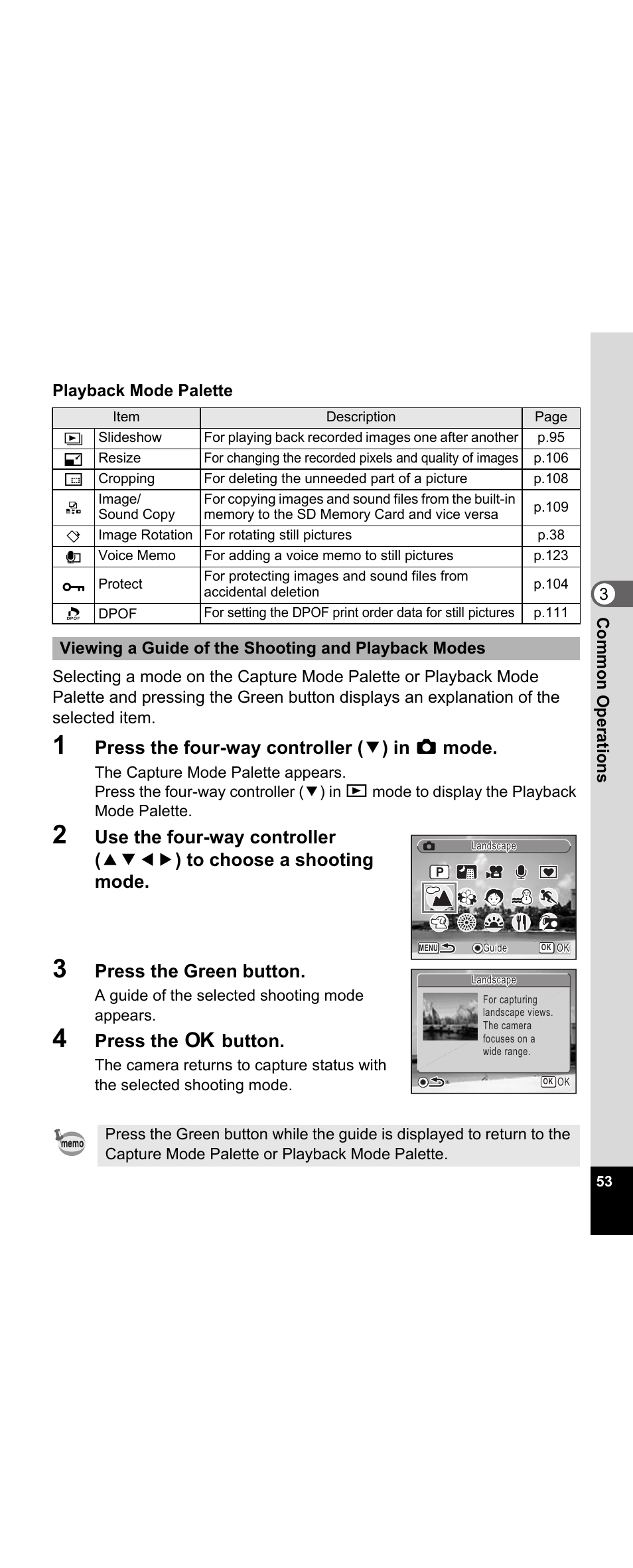 Mode and how to use them. (p.53), P.53), Press the four-way controller ( 3 ) in a mode | Press the green button, Press the 4 button | Pentax Optio E30 User Manual | Page 55 / 161