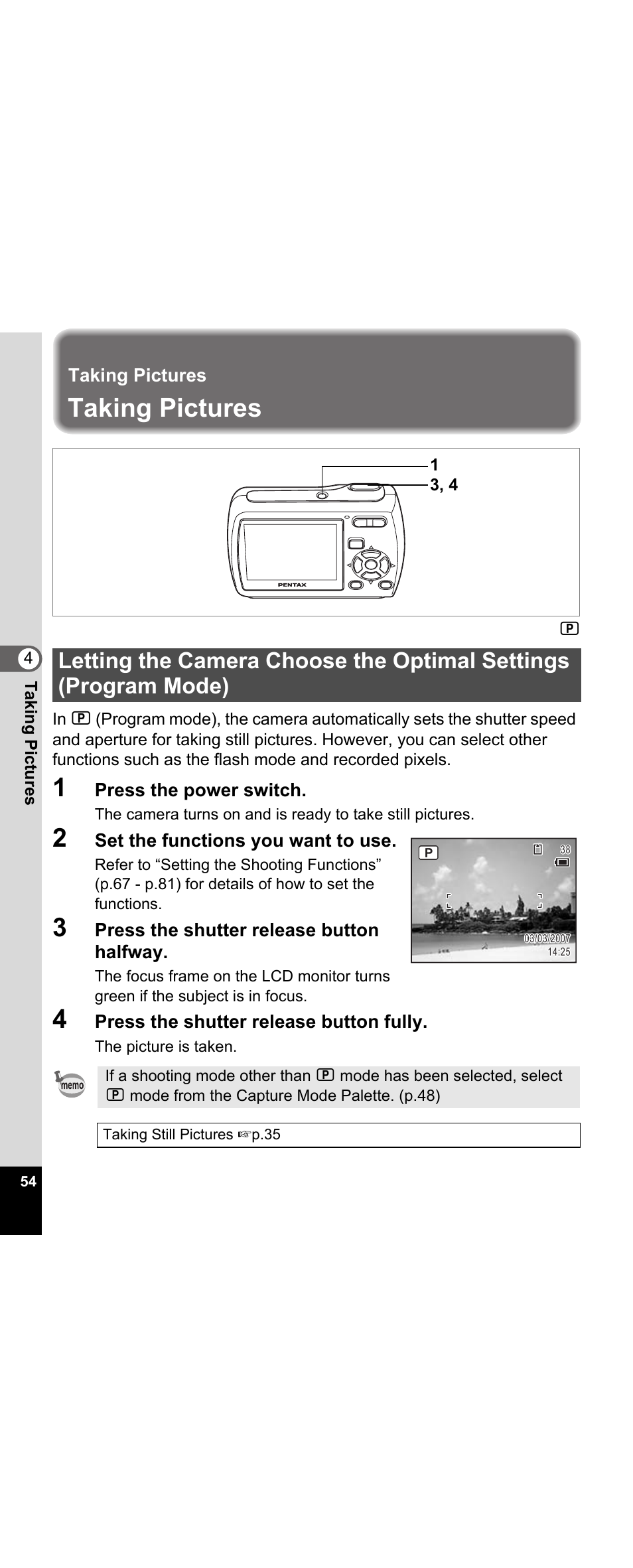 Taking pictures, P.54) | Pentax Optio E30 User Manual | Page 56 / 161