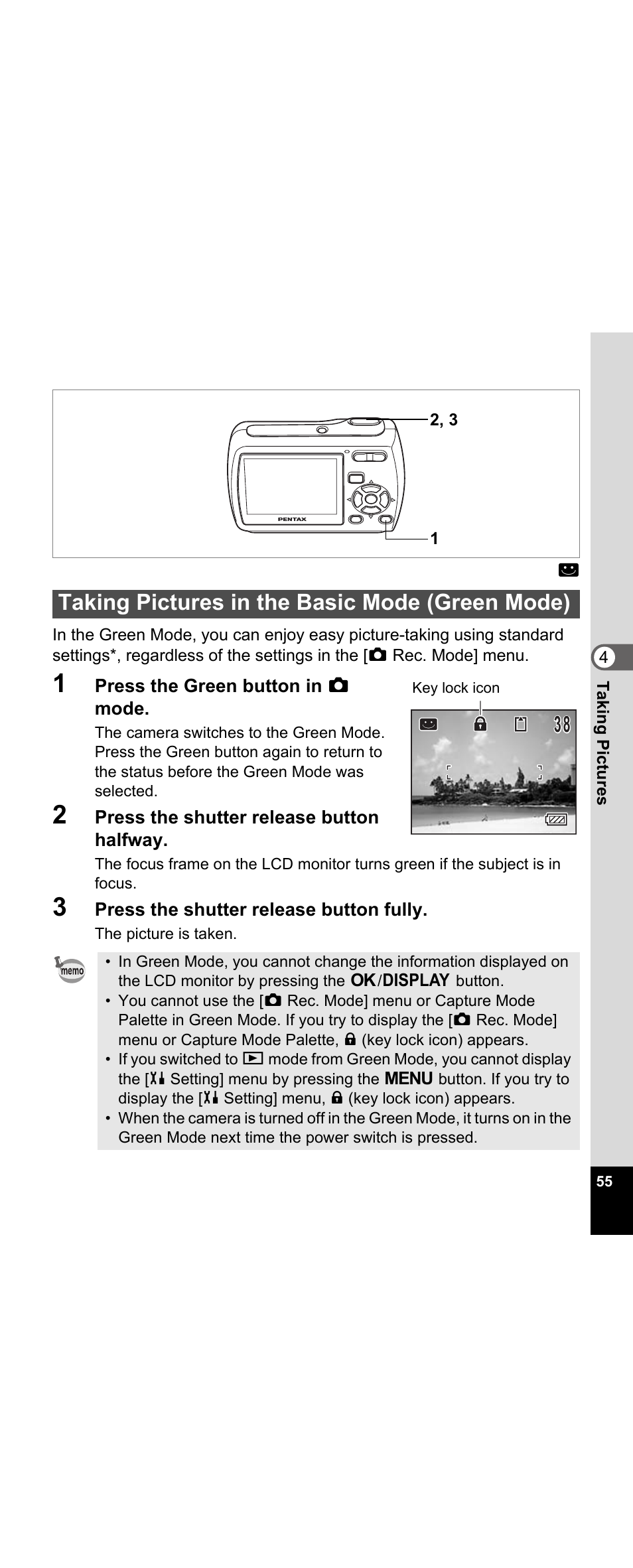 Taking pictures in the basic mode (green mode), P.55) | Pentax Optio E30 User Manual | Page 57 / 161