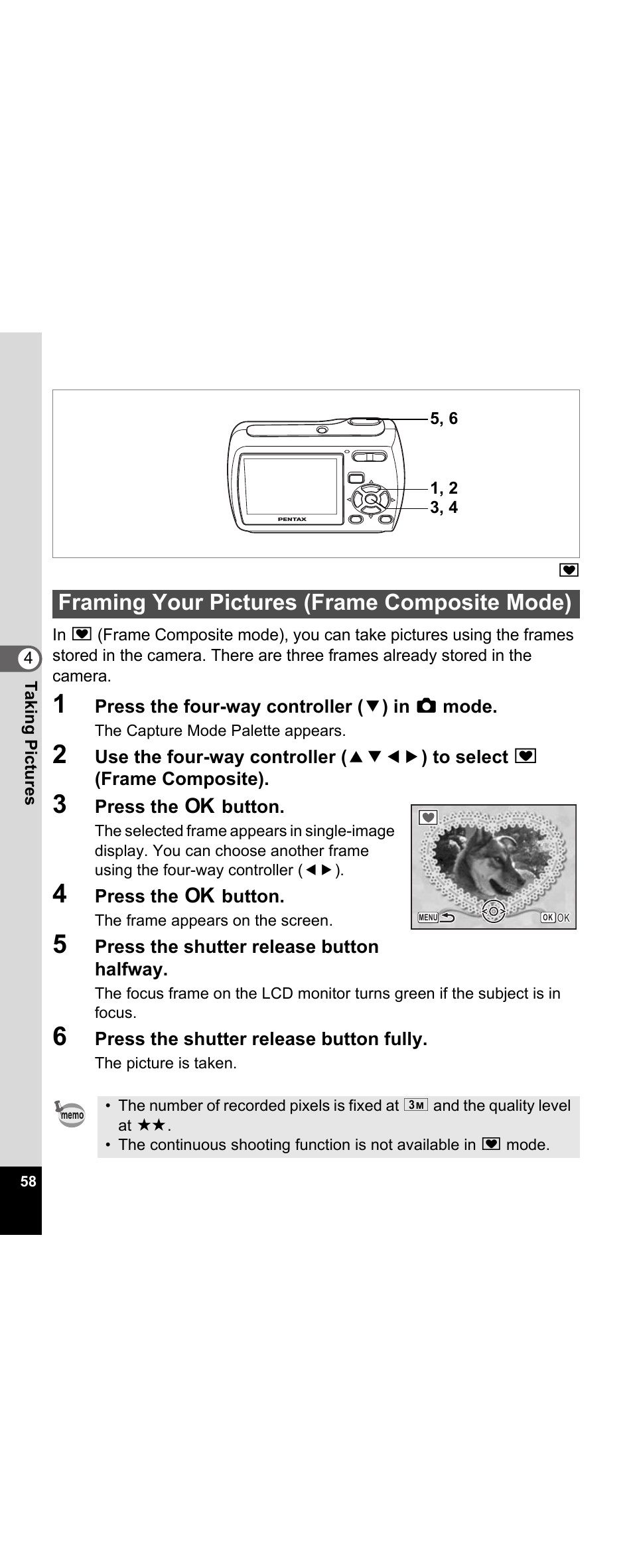 Framing your pictures (frame composite mode), P.58 | Pentax Optio E30 User Manual | Page 60 / 161