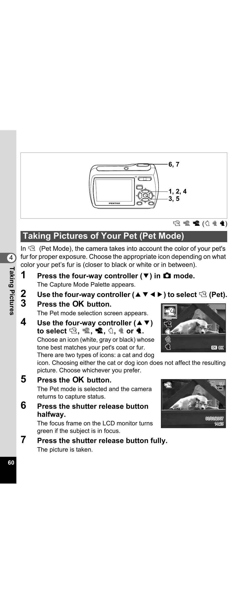 Taking pictures of your pet (pet mode) | Pentax Optio E30 User Manual | Page 62 / 161