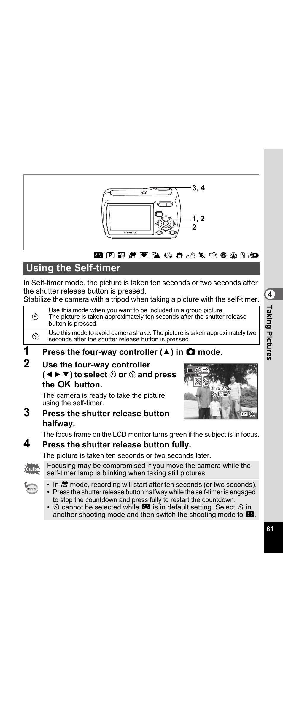 Using the self-timer, P.61 | Pentax Optio E30 User Manual | Page 63 / 161