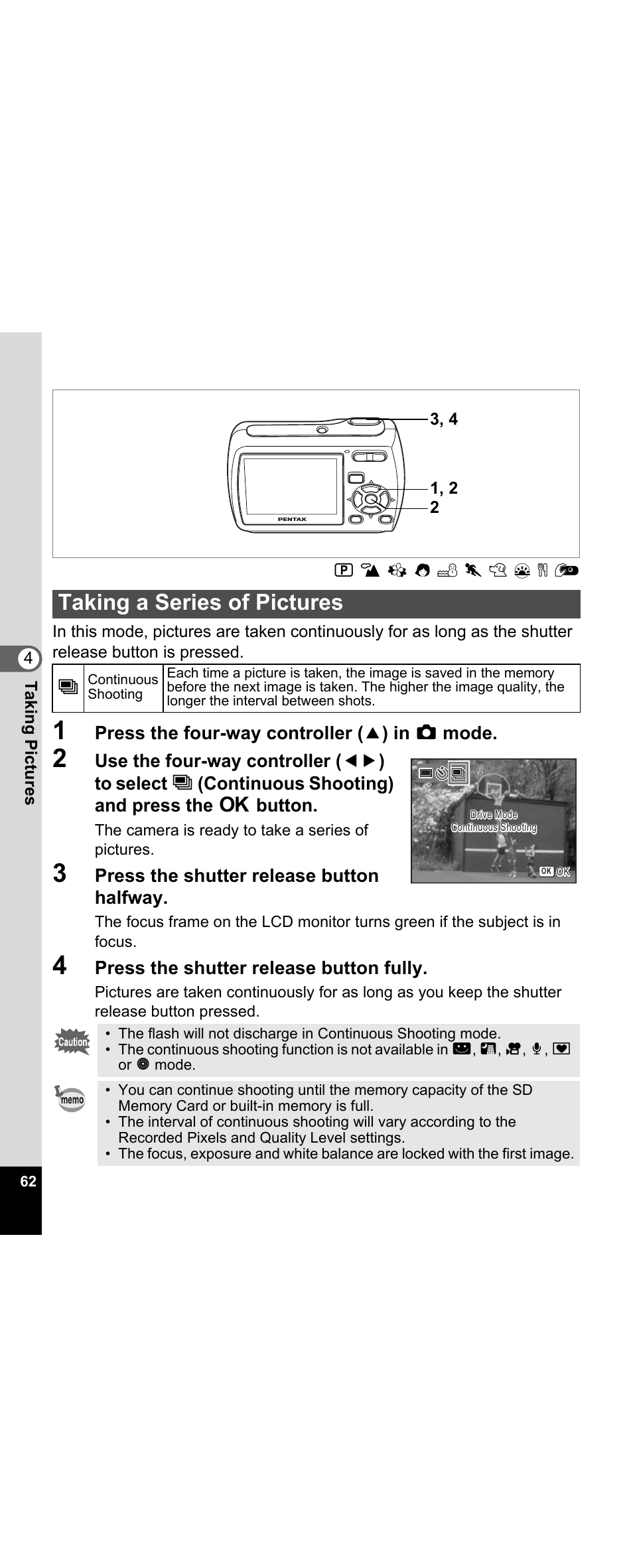 Taking a series of pictures, P.62), P.62 | Pentax Optio E30 User Manual | Page 64 / 161