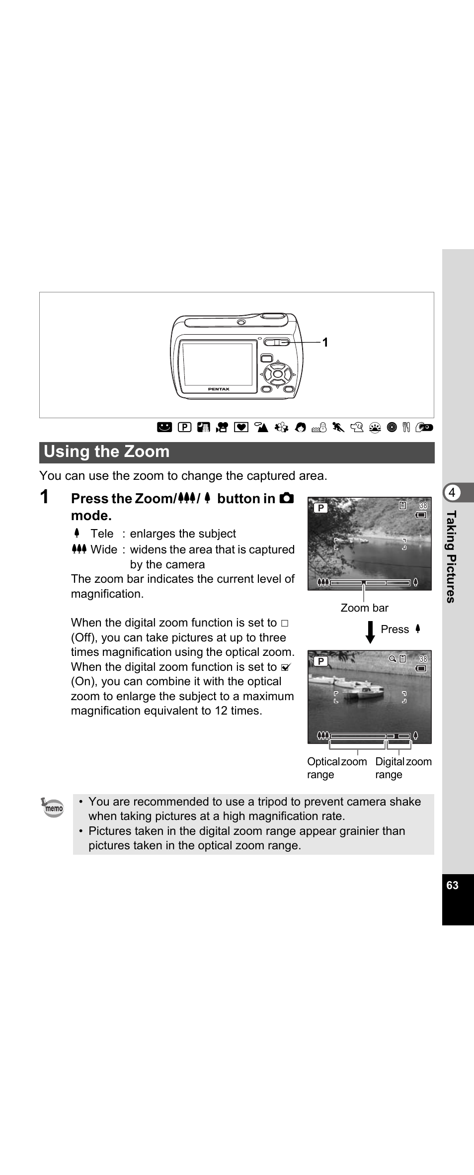 Using the zoom, On (p.63), P.63 | Press the zoom/ w / x button in a mode | Pentax Optio E30 User Manual | Page 65 / 161