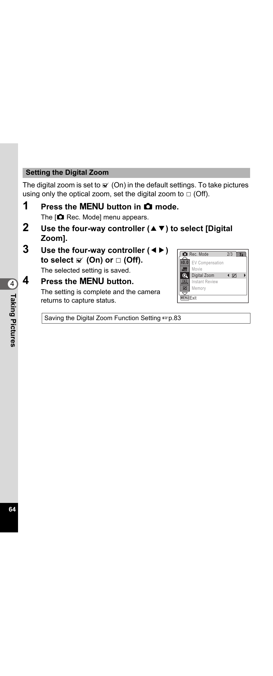 P.64, Press the 3 button in a mode, Press the 3 button | Pentax Optio E30 User Manual | Page 66 / 161