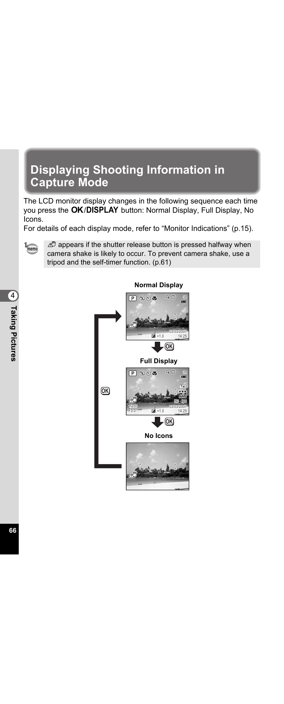 Displaying shooting information in capture mode, On (p.66), P.66) | 4t aking pictu res, Full display no icons normal display | Pentax Optio E30 User Manual | Page 68 / 161