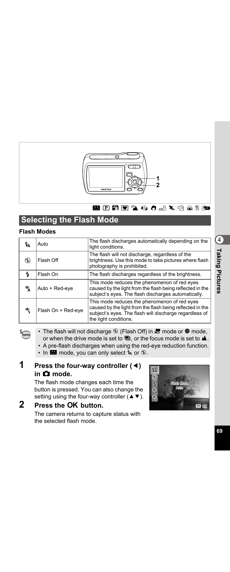 Selecting the flash mode, De (p.69), P.69) | Press the four-way controller ( 4 ) in a mode, Press the 4 button | Pentax Optio E30 User Manual | Page 71 / 161