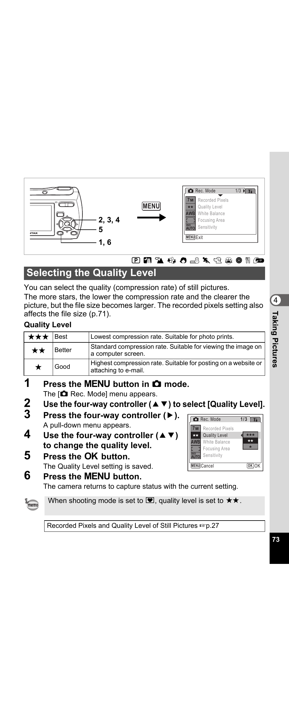 Selecting the quality level, Y (p.73), P.73 | Press the 3 button in a mode, Press the four-way controller ( 5 ), Press the 4 button, Press the 3 button | Pentax Optio E30 User Manual | Page 75 / 161