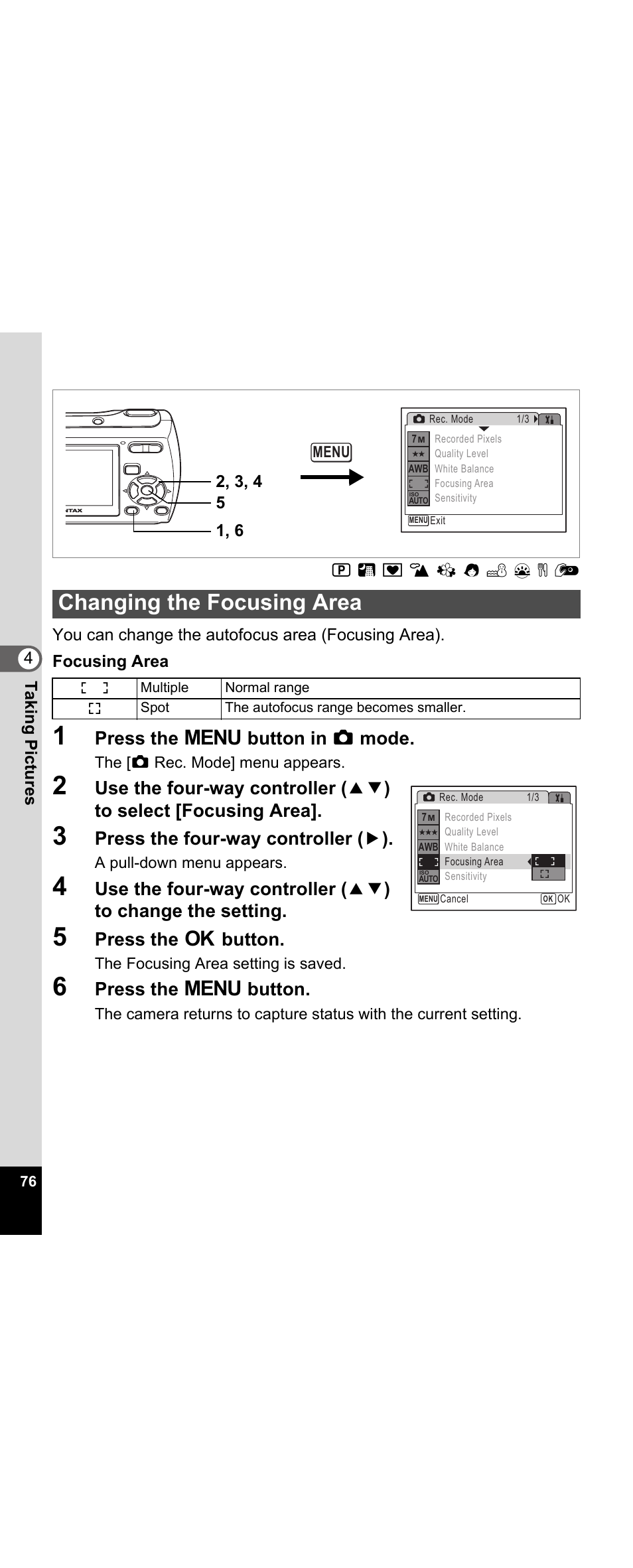 Changing the focusing area, P.76, Press the 3 button in a mode | Press the four-way controller ( 5 ), Press the 4 button, Press the 3 button | Pentax Optio E30 User Manual | Page 78 / 161