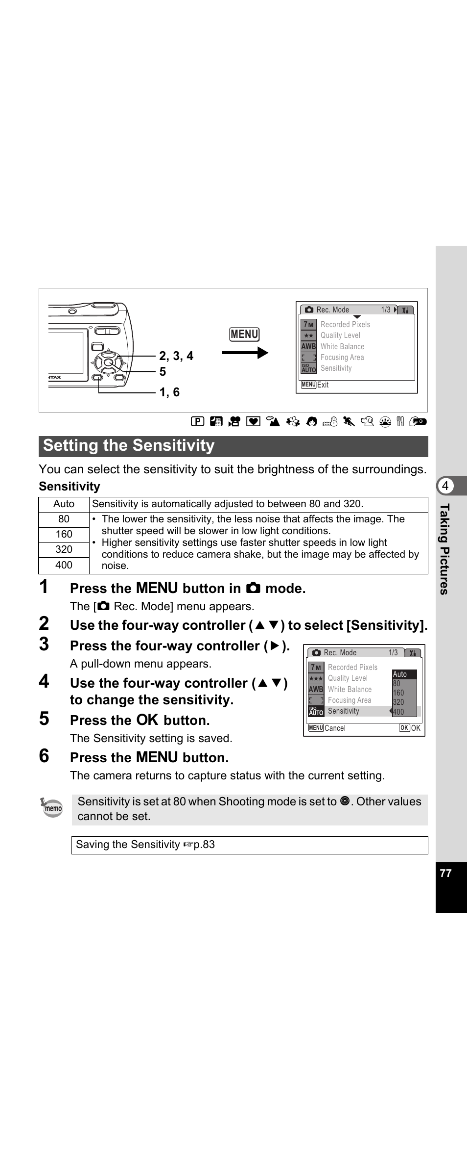 Setting the sensitivity, Y (p.77), Y (p.77 | P.77, Press the 3 button in a mode, Press the four-way controller ( 5 ), Press the 4 button, Press the 3 button | Pentax Optio E30 User Manual | Page 79 / 161