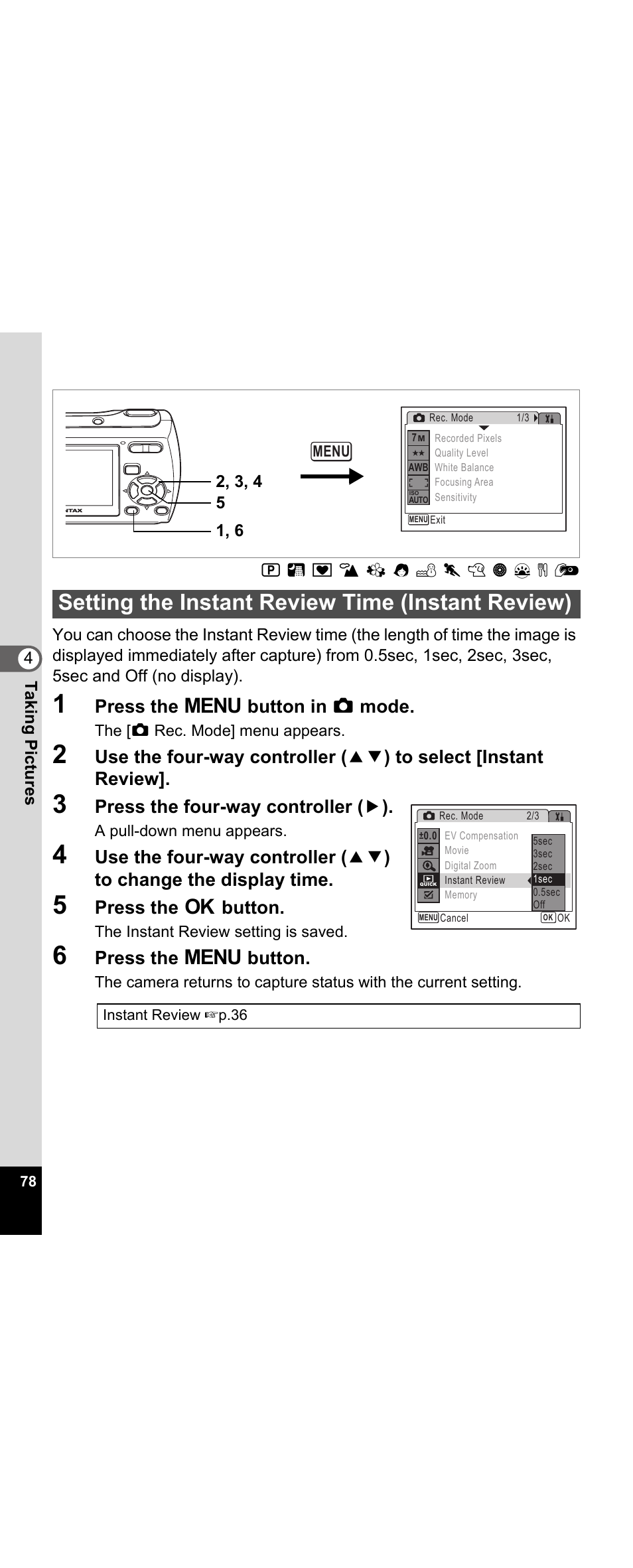 Setting the instant review time (instant review), P.78, Press the 3 button in a mode | Press the four-way controller ( 5 ), Press the 4 button, Press the 3 button | Pentax Optio E30 User Manual | Page 80 / 161