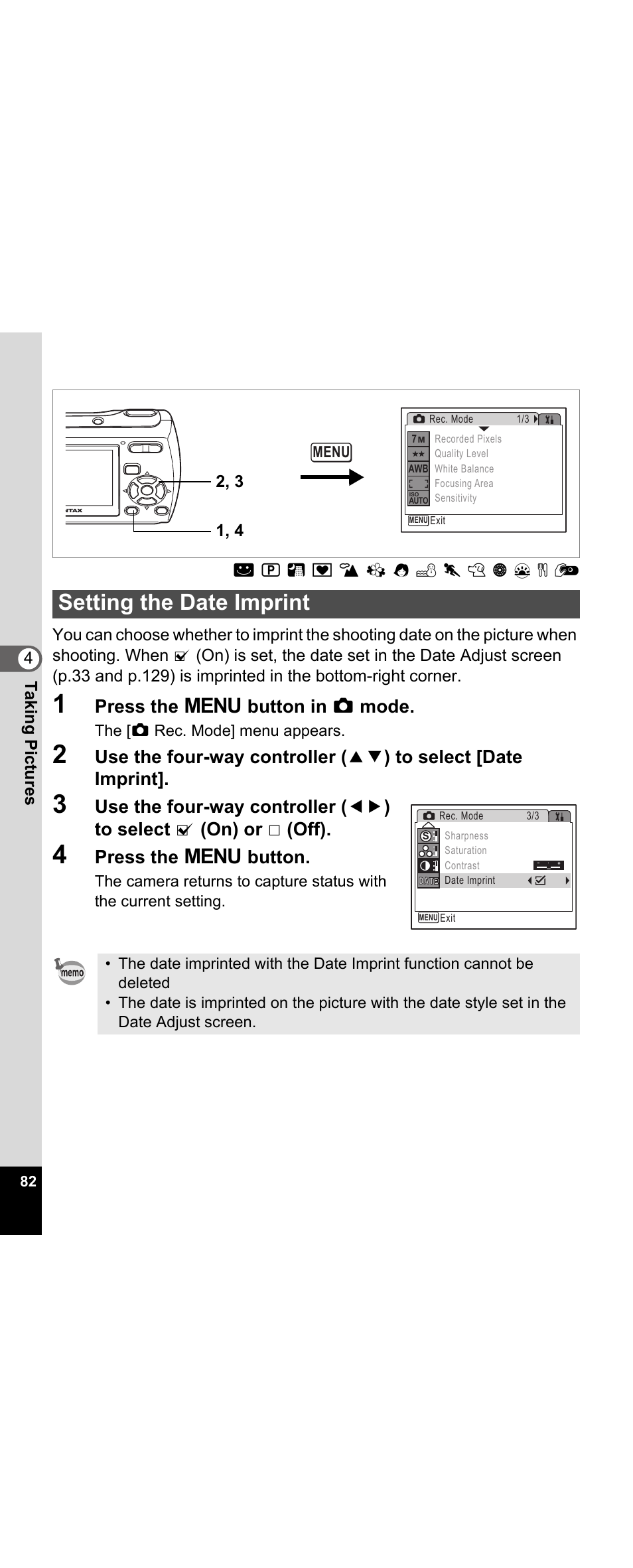 Setting the date imprint, P.82, Press the 3 button in a mode | Press the 3 button | Pentax Optio E30 User Manual | Page 84 / 161