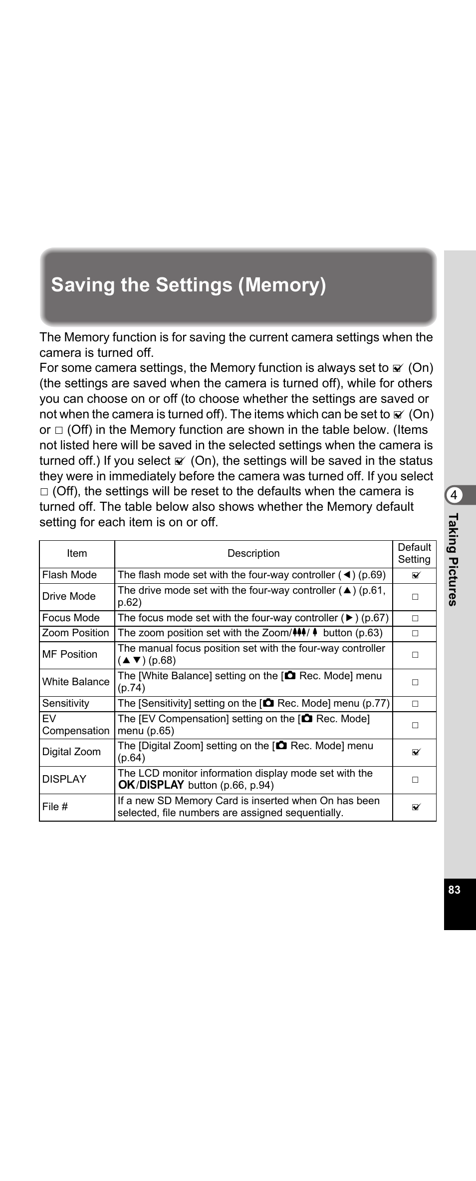 Saving the settings (memory), P.83 | Pentax Optio E30 User Manual | Page 85 / 161