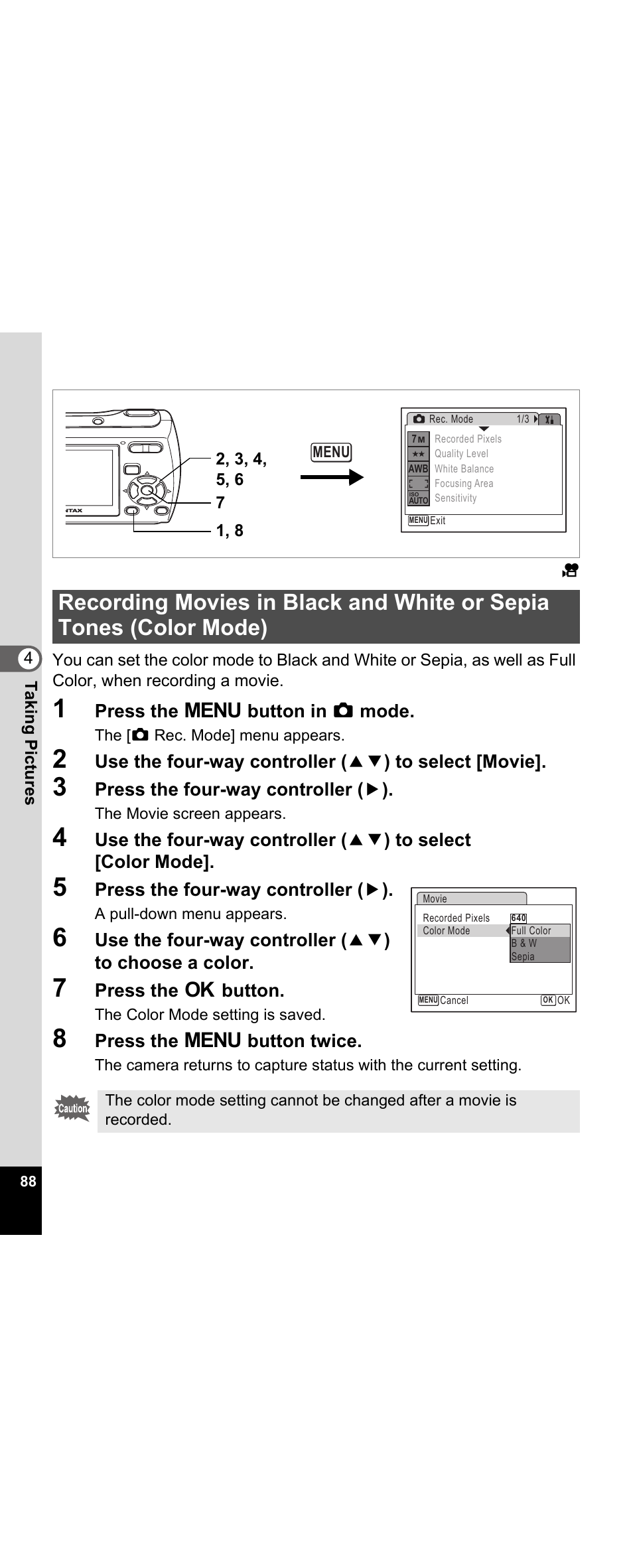 P.88, Press the 3 button in a mode, Press the four-way controller ( 5 ) | Press the 4 button, Press the 3 button twice | Pentax Optio E30 User Manual | Page 90 / 161