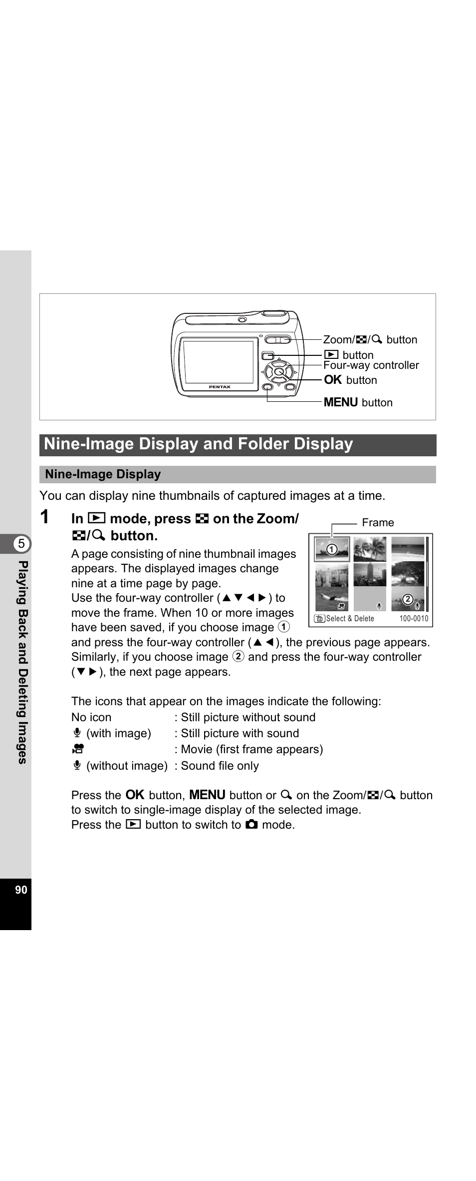 Nine-image display and folder display, P.90), P.90 | Pentax Optio E30 User Manual | Page 92 / 161