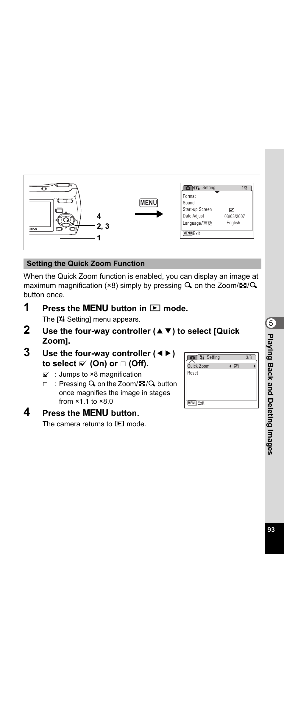 P.93, Press the 3 button in q mode, Press the 3 button | Pentax Optio E30 User Manual | Page 95 / 161