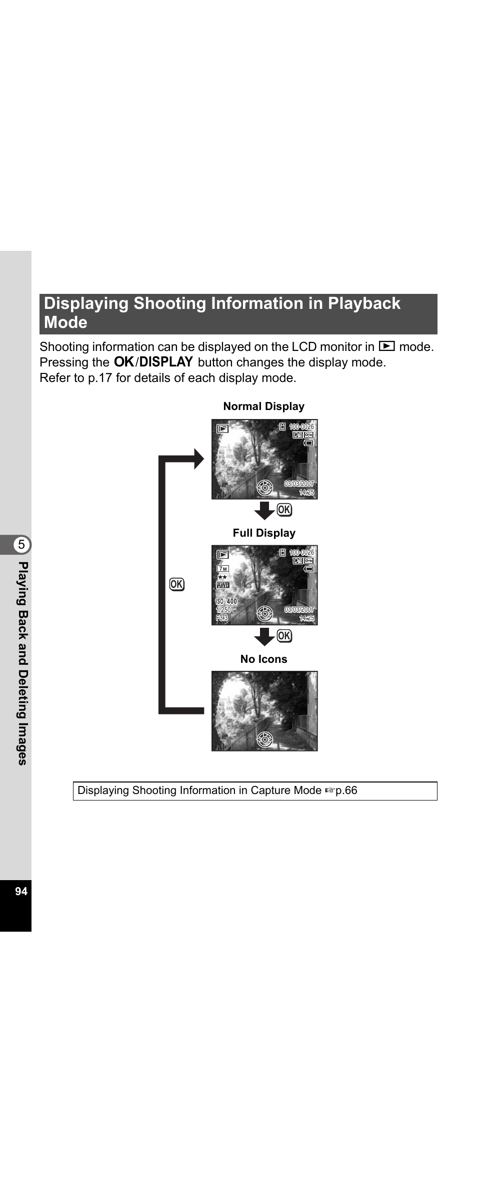 Displaying shooting information in playback mode, P.94), Normal display full display no icons | Pentax Optio E30 User Manual | Page 96 / 161