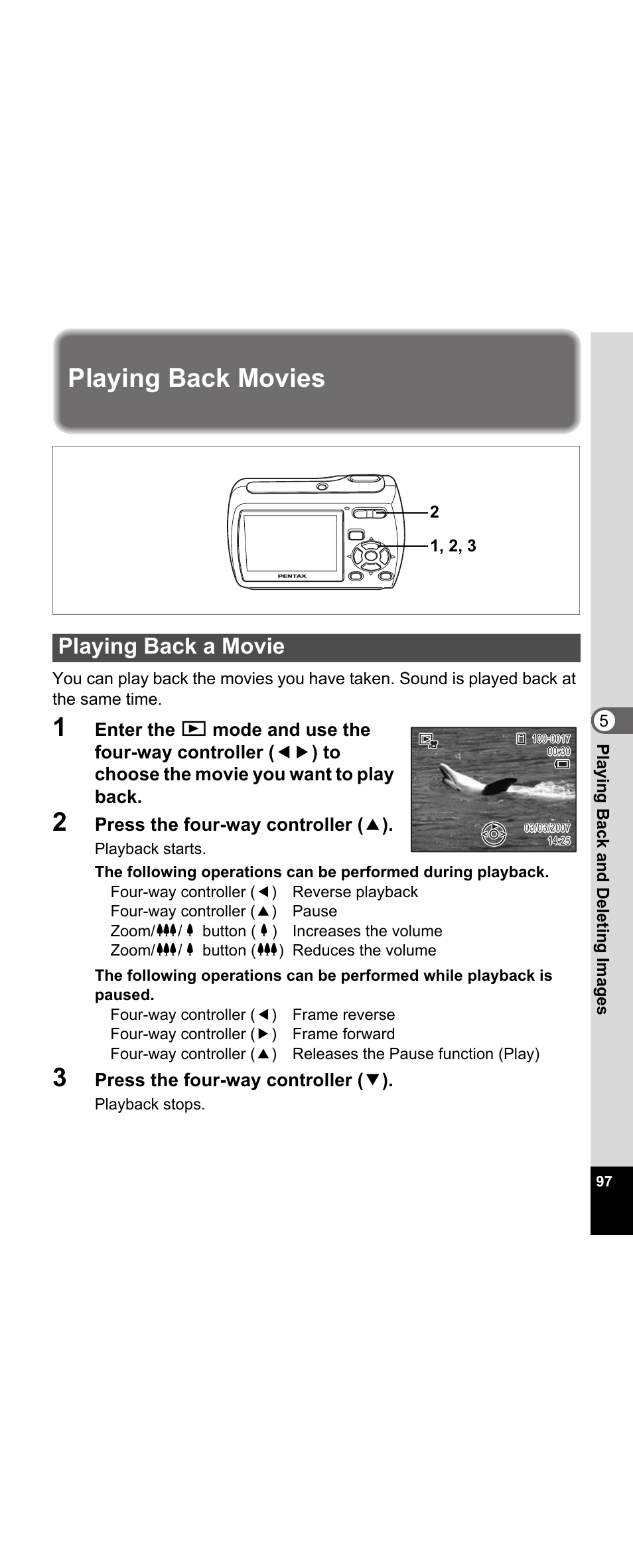 Playing back movies, Playing back a movie, P.97 | P.97) | Pentax Optio E30 User Manual | Page 99 / 161