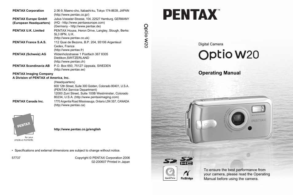 Pentax Optio W20 User Manual | 208 pages