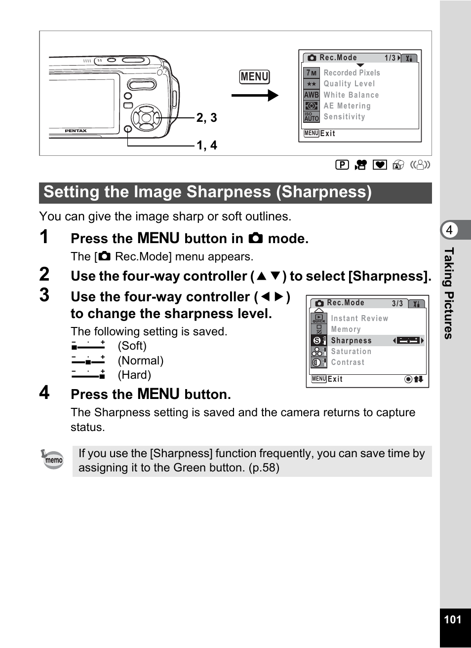 Setting the image sharpness (sharpness), P.101, Press the 3 button in a mode | Press the 3 button | Pentax Optio W20 User Manual | Page 103 / 208