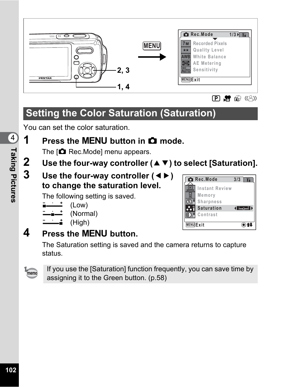 Setting the color saturation (saturation), P.102, Press the 3 button in a mode | Press the 3 button | Pentax Optio W20 User Manual | Page 104 / 208