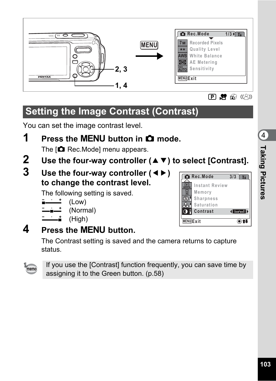 Setting the image contrast (contrast), P.103, Press the 3 button in a mode | Press the 3 button | Pentax Optio W20 User Manual | Page 105 / 208