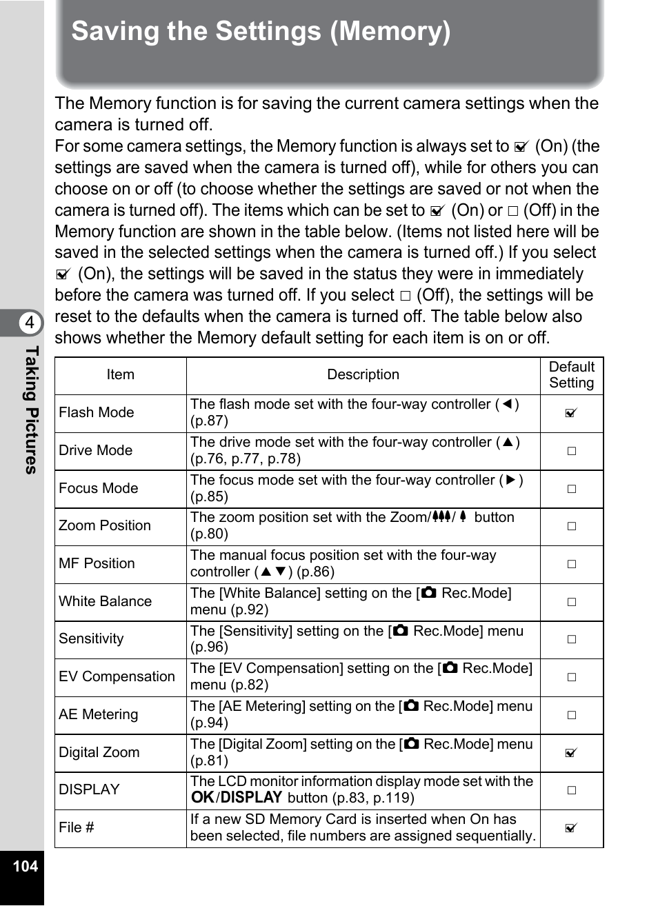 Saving the settings (memory), P.104, Saving the white balance | Saving the sensitivity | Pentax Optio W20 User Manual | Page 106 / 208