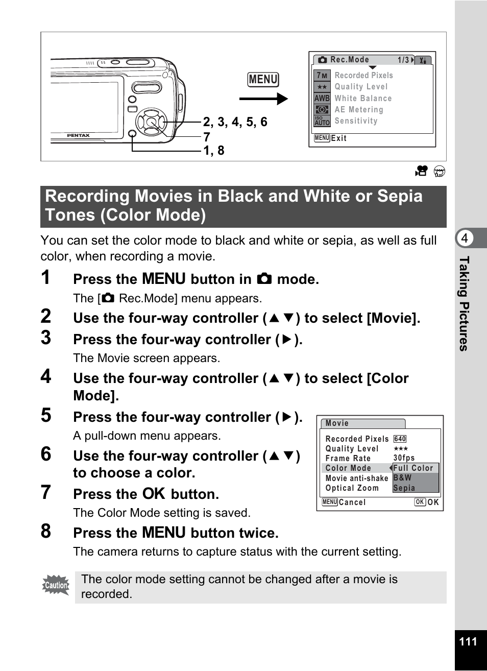 P.111, Press the 3 button in a mode, Press the four-way controller ( 5 ) | Press the 4 button, Press the 3 button twice | Pentax Optio W20 User Manual | Page 113 / 208