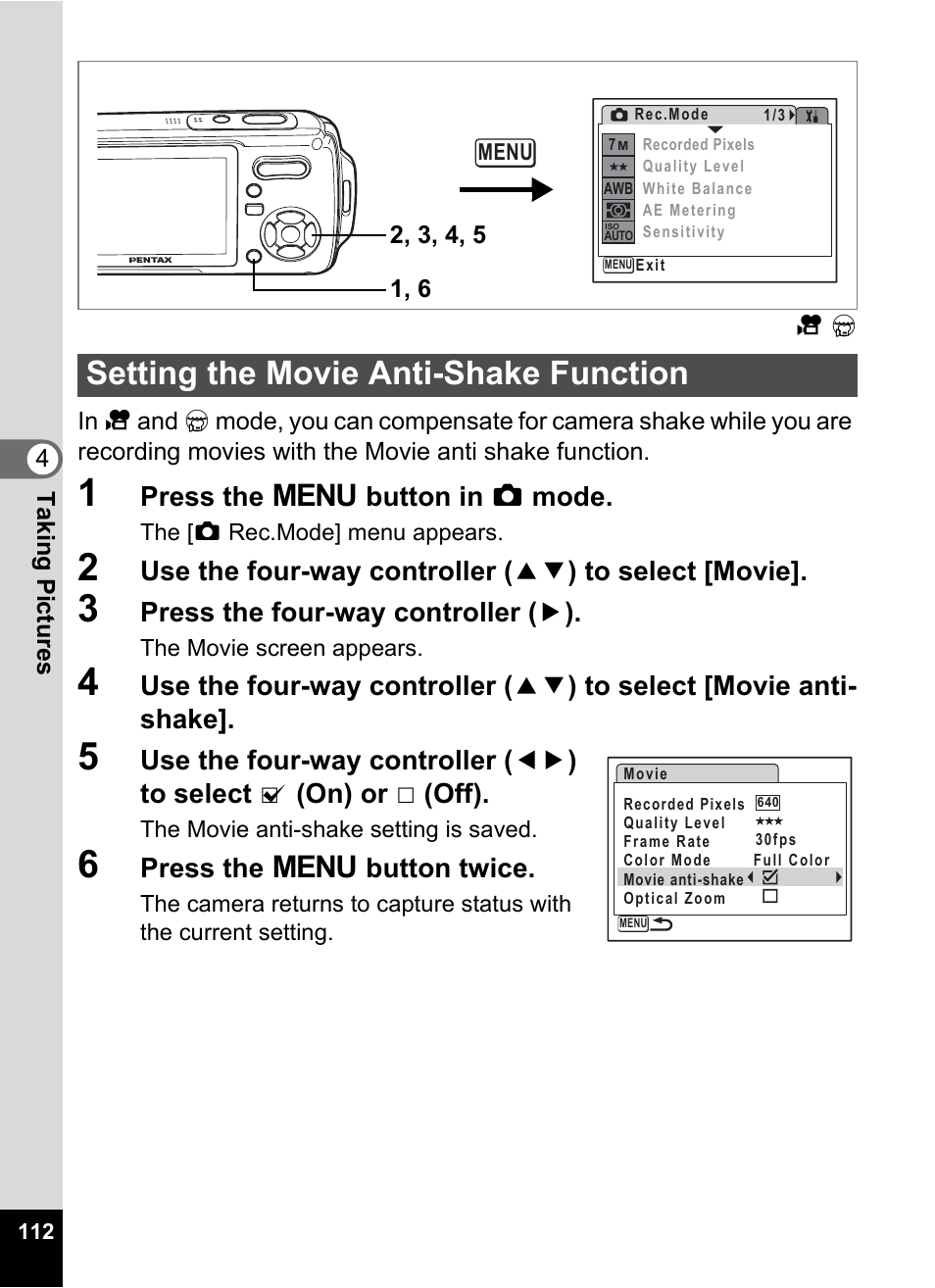 Setting the movie anti-shake function, P.112, Press the 3 button in a mode | Press the four-way controller ( 5 ), Press the 3 button twice | Pentax Optio W20 User Manual | Page 114 / 208