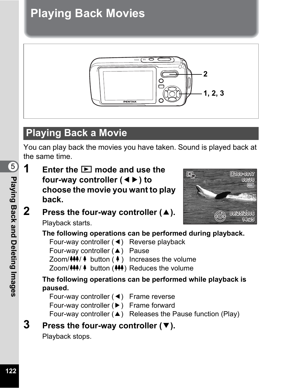 Playing back movies, Playing back a movie, P.122, p.156) | P.122, Ring playback. (p.122), P.122) | Pentax Optio W20 User Manual | Page 124 / 208