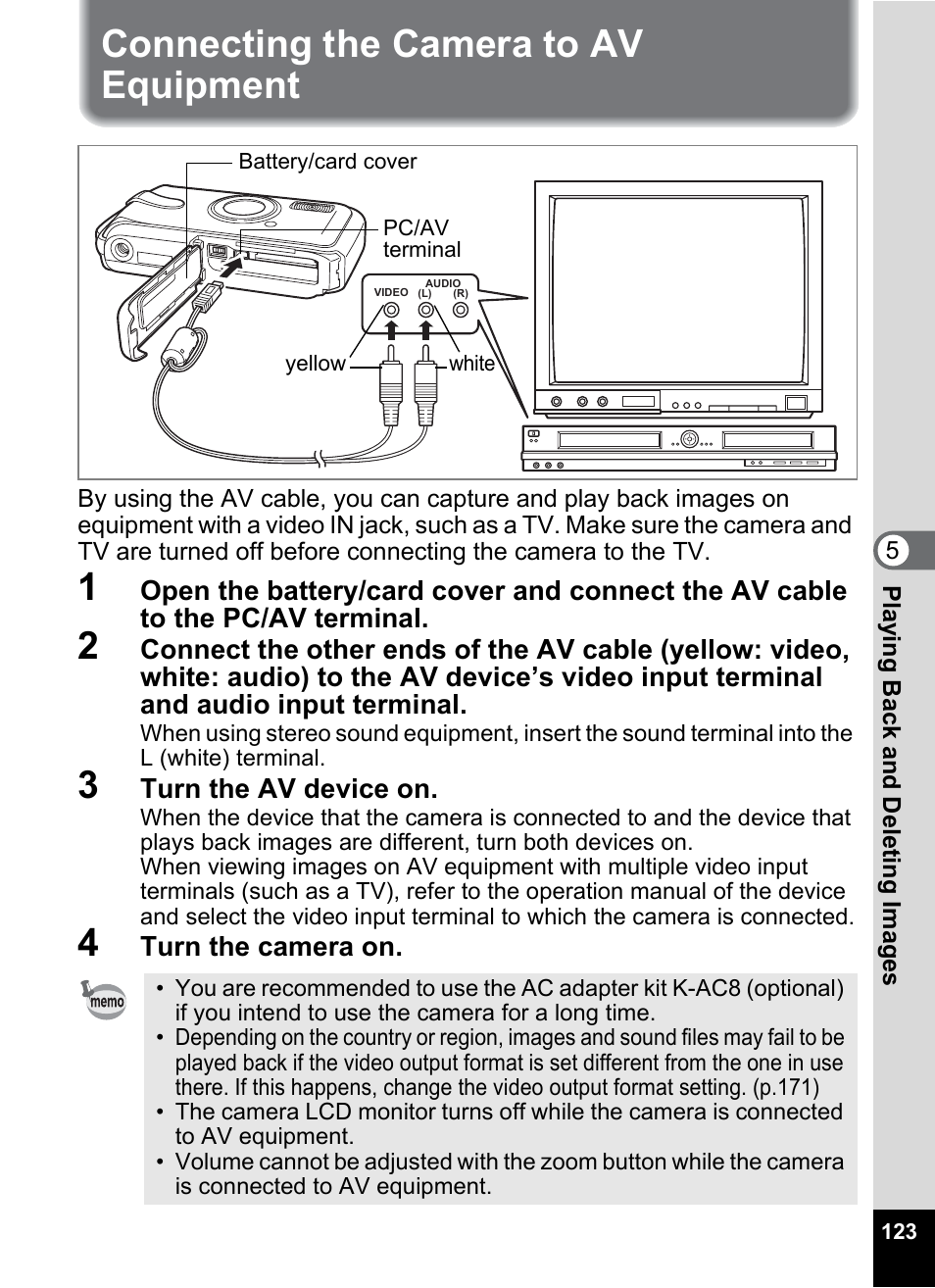 Connecting the camera to av equipment | Pentax Optio W20 User Manual | Page 125 / 208