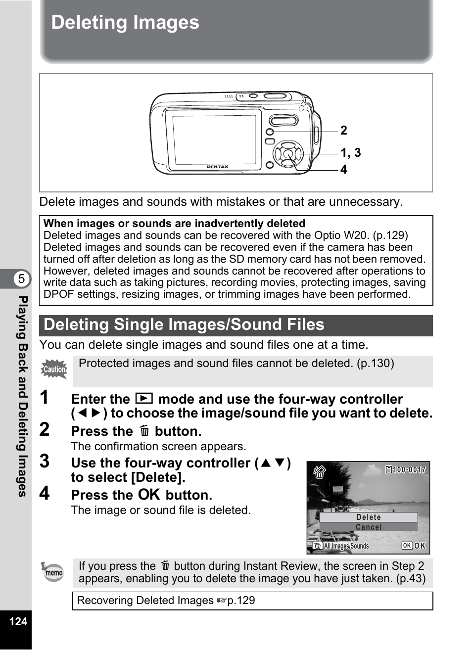 Deleting images, Deleting single images/sound files, N. (p.124) | Pentax Optio W20 User Manual | Page 126 / 208